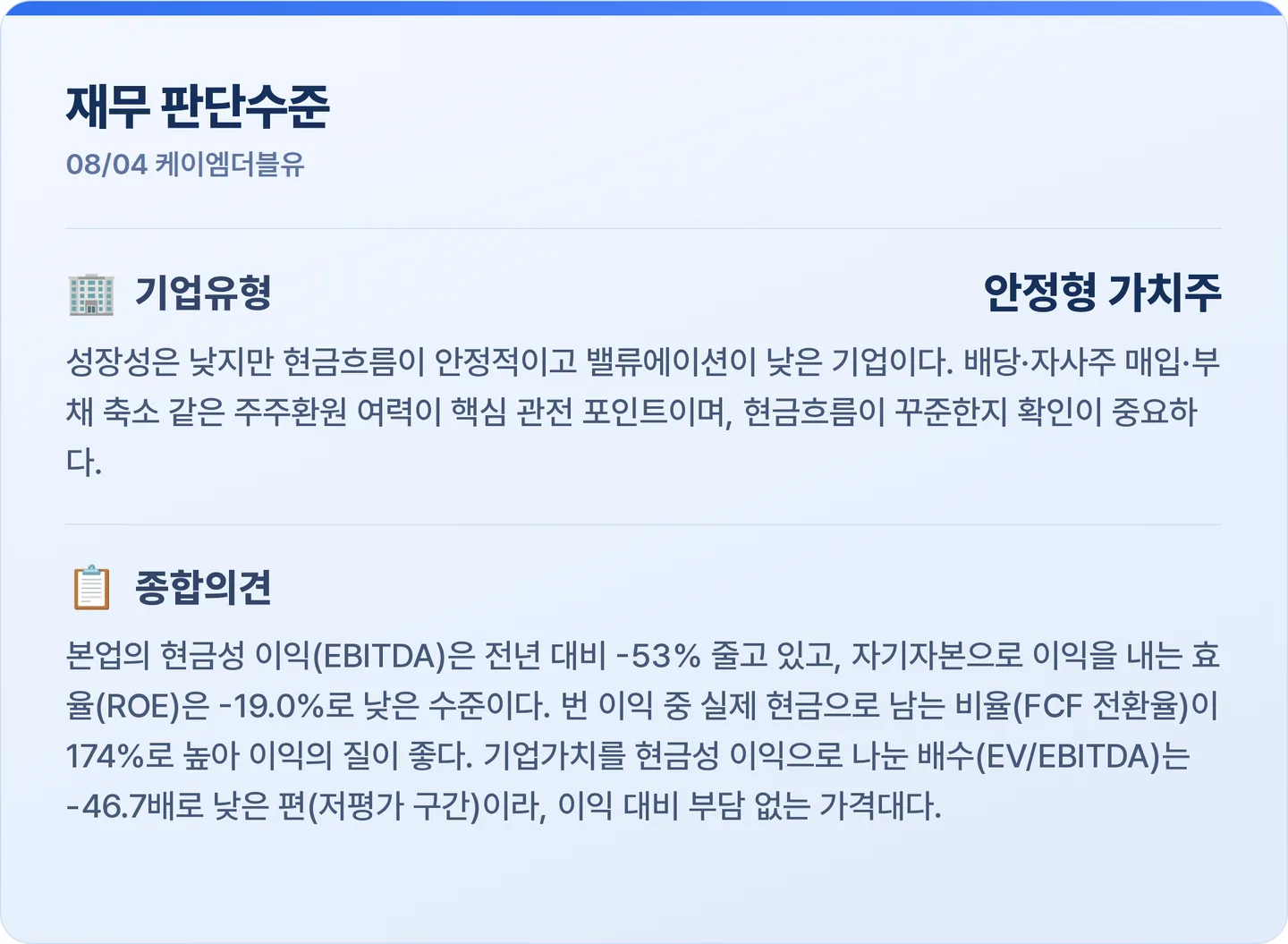 케이엠더블유 재무 판단수준 카드