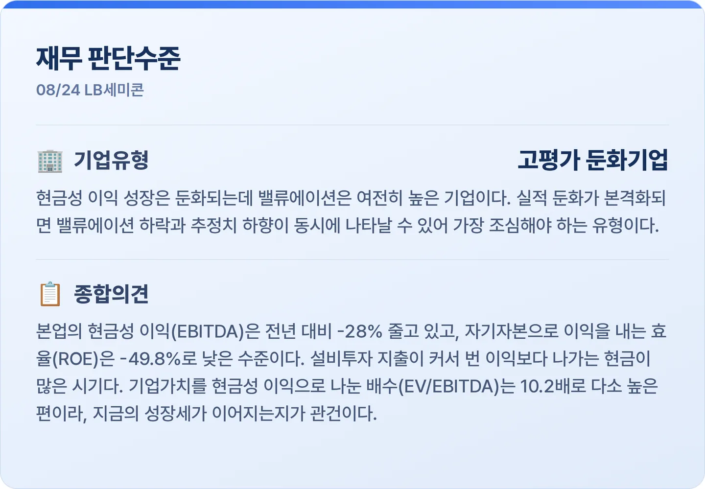 LB세미콘 재무 판단수준 카드