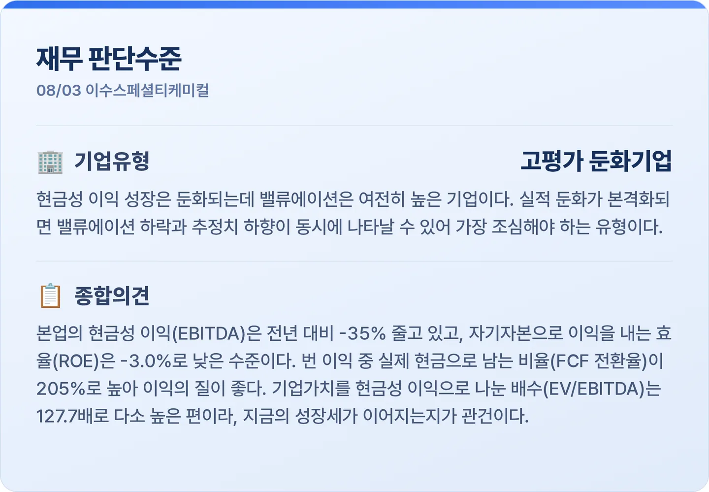 이수스페셜티케미컬 재무 판단수준 카드