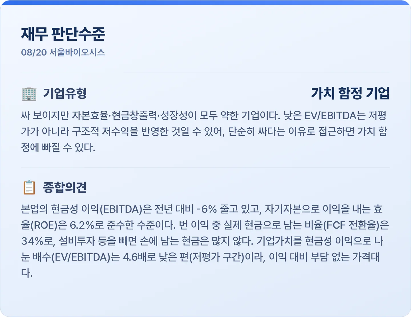 서울바이오시스 재무 판단수준 카드