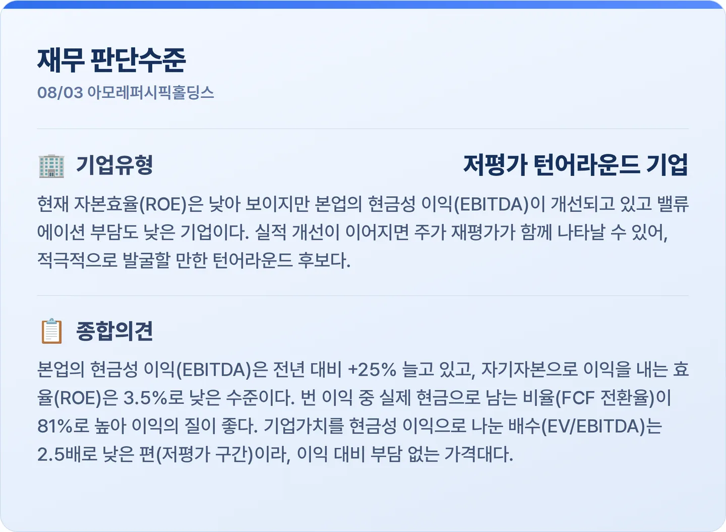 아모레퍼시픽홀딩스 재무 판단수준 카드