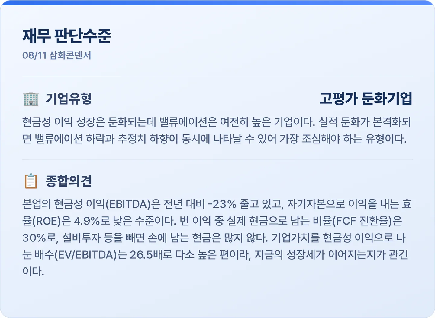 삼화콘덴서 재무 판단수준 카드