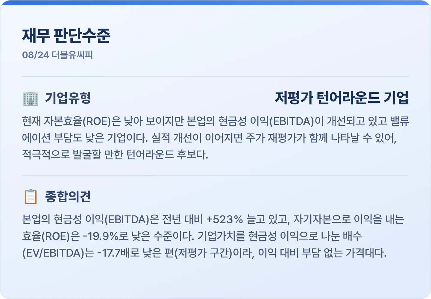더블유씨피 재무 판단수준 카드