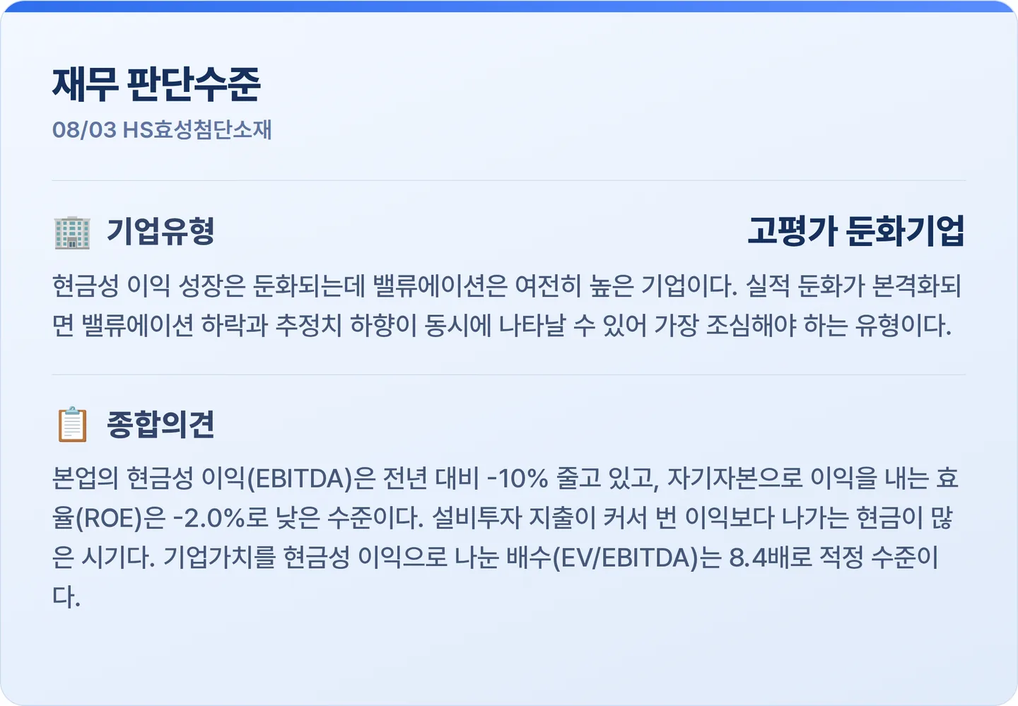 HS효성첨단소재 재무 판단수준 카드