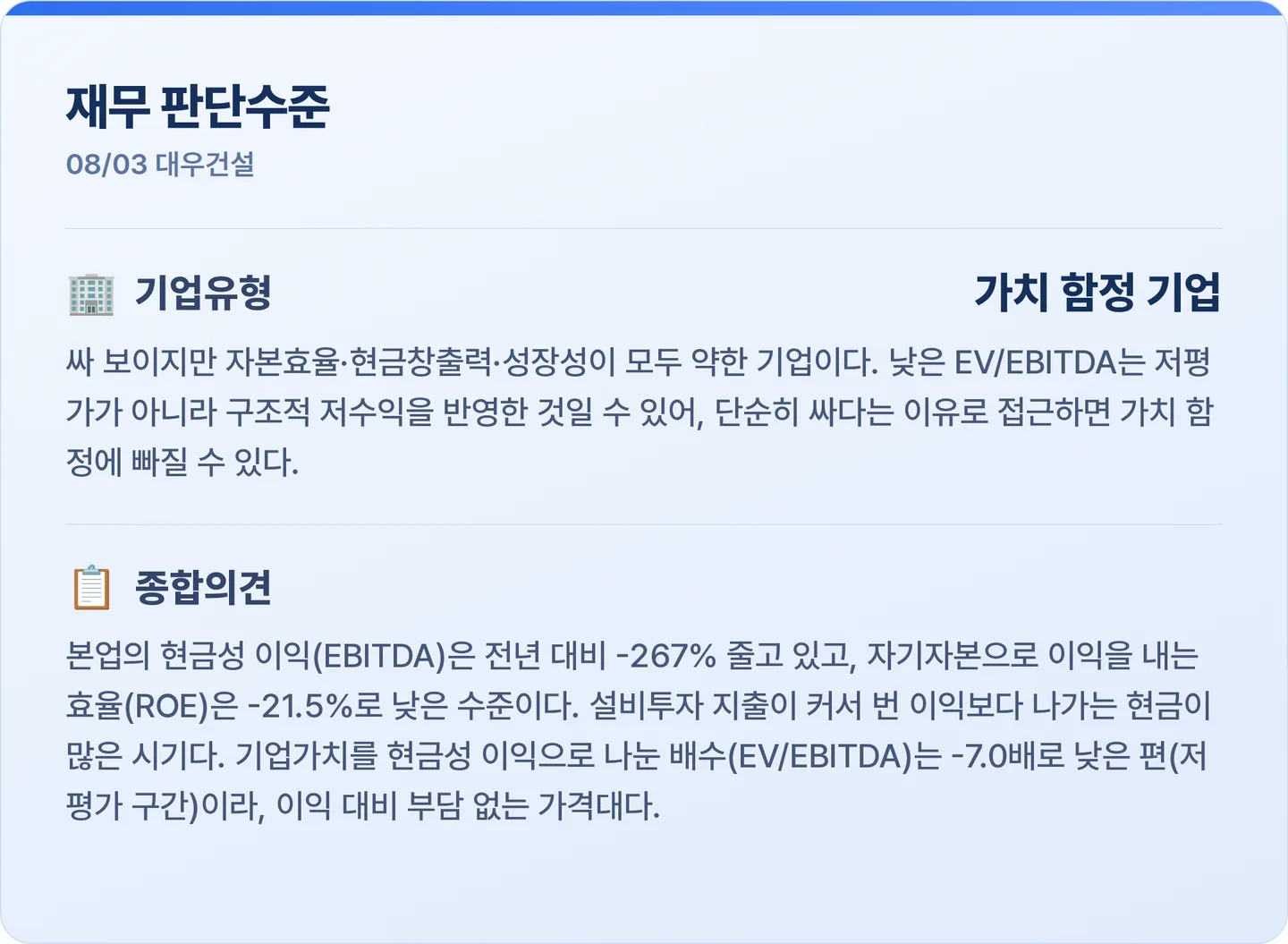 대우건설 재무 판단수준 카드