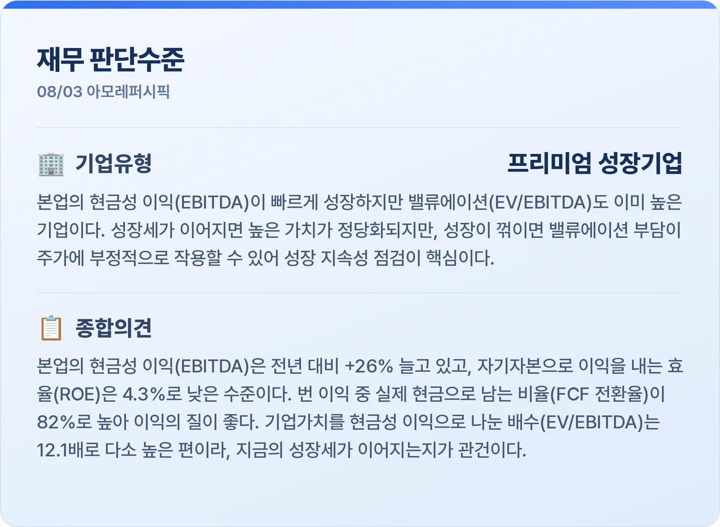 아모레퍼시픽 재무 판단수준 카드