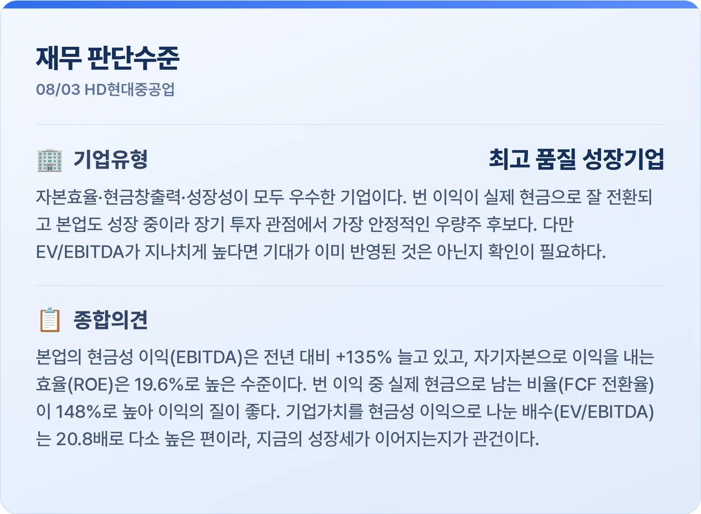 HD현대중공업 재무 판단수준 카드