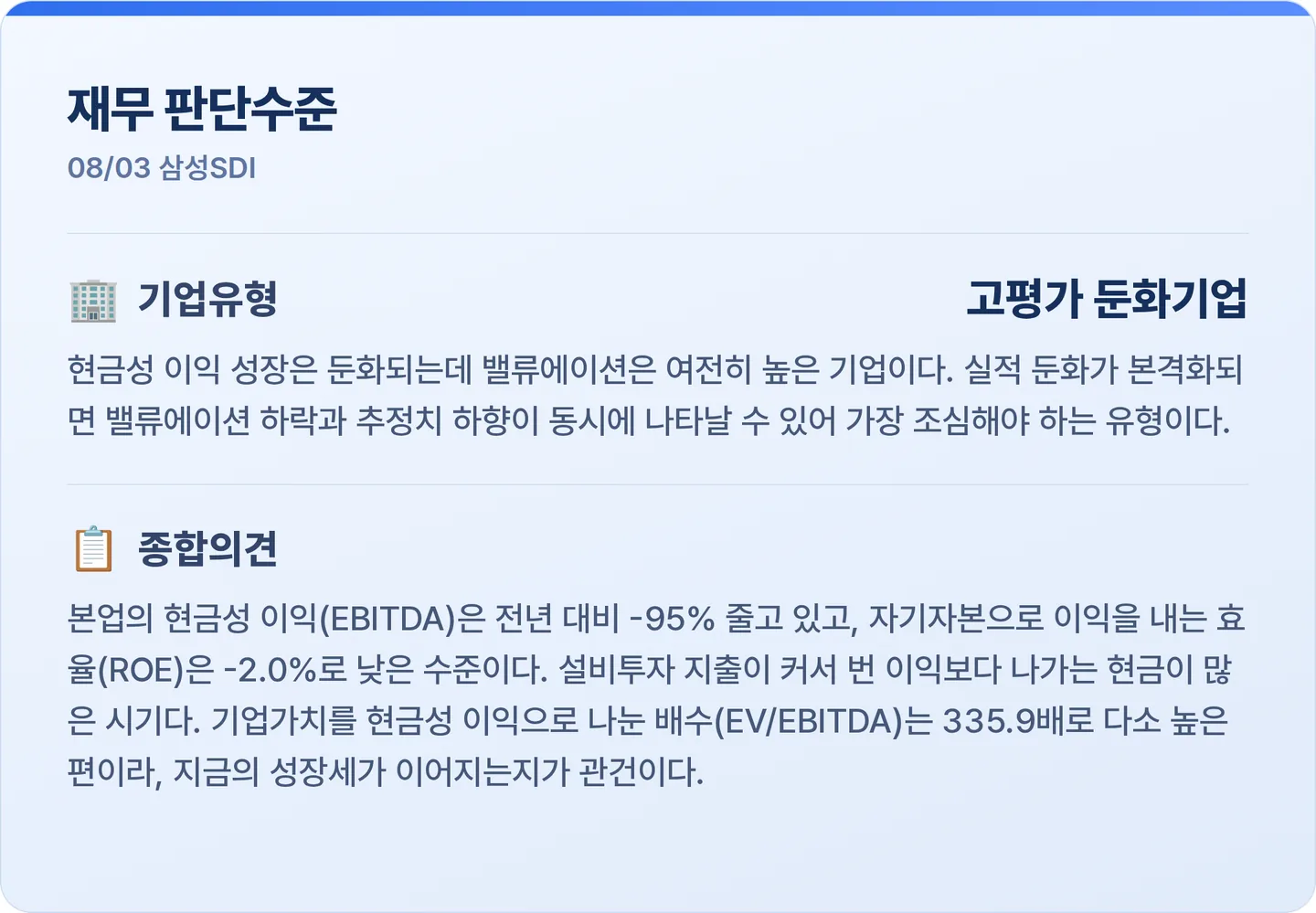 삼성SDI 재무 판단수준 카드