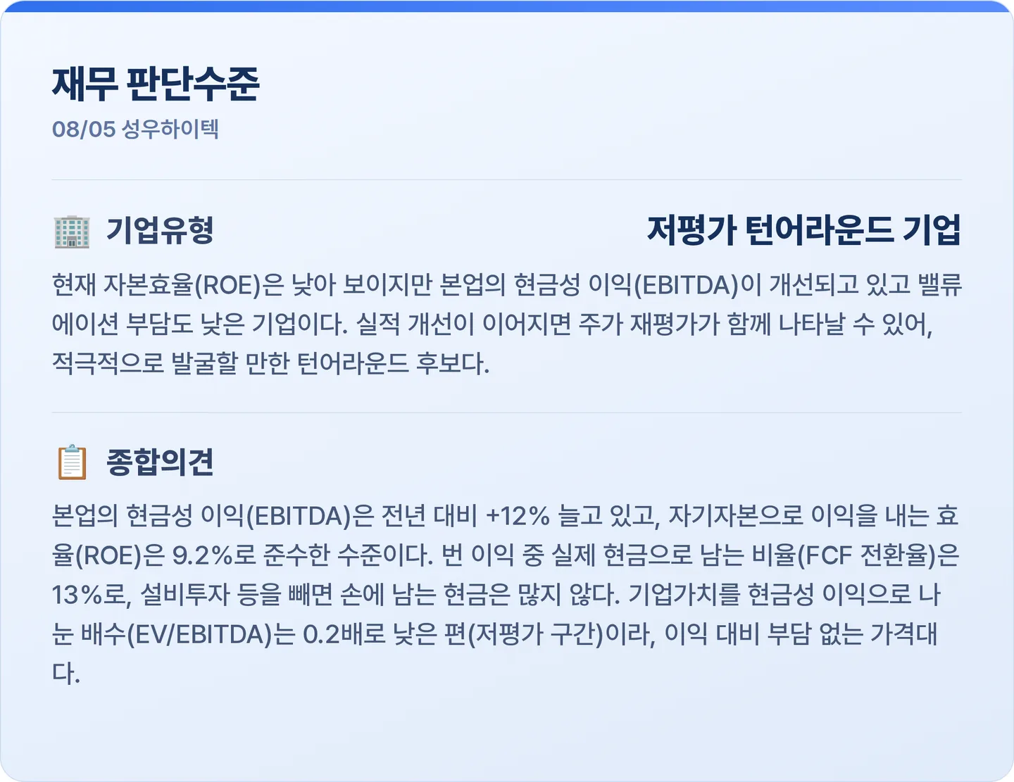 성우하이텍 재무 판단수준 카드