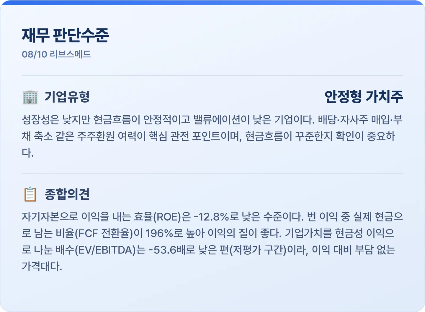 리브스메드 재무 판단수준 카드