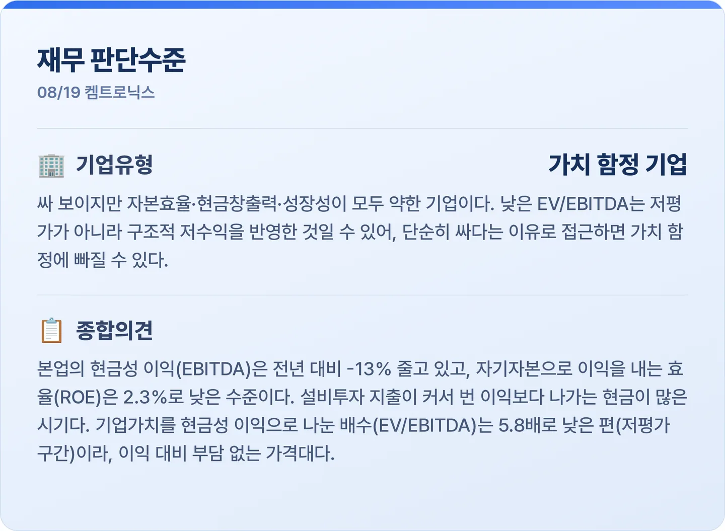 켐트로닉스 재무 판단수준 카드