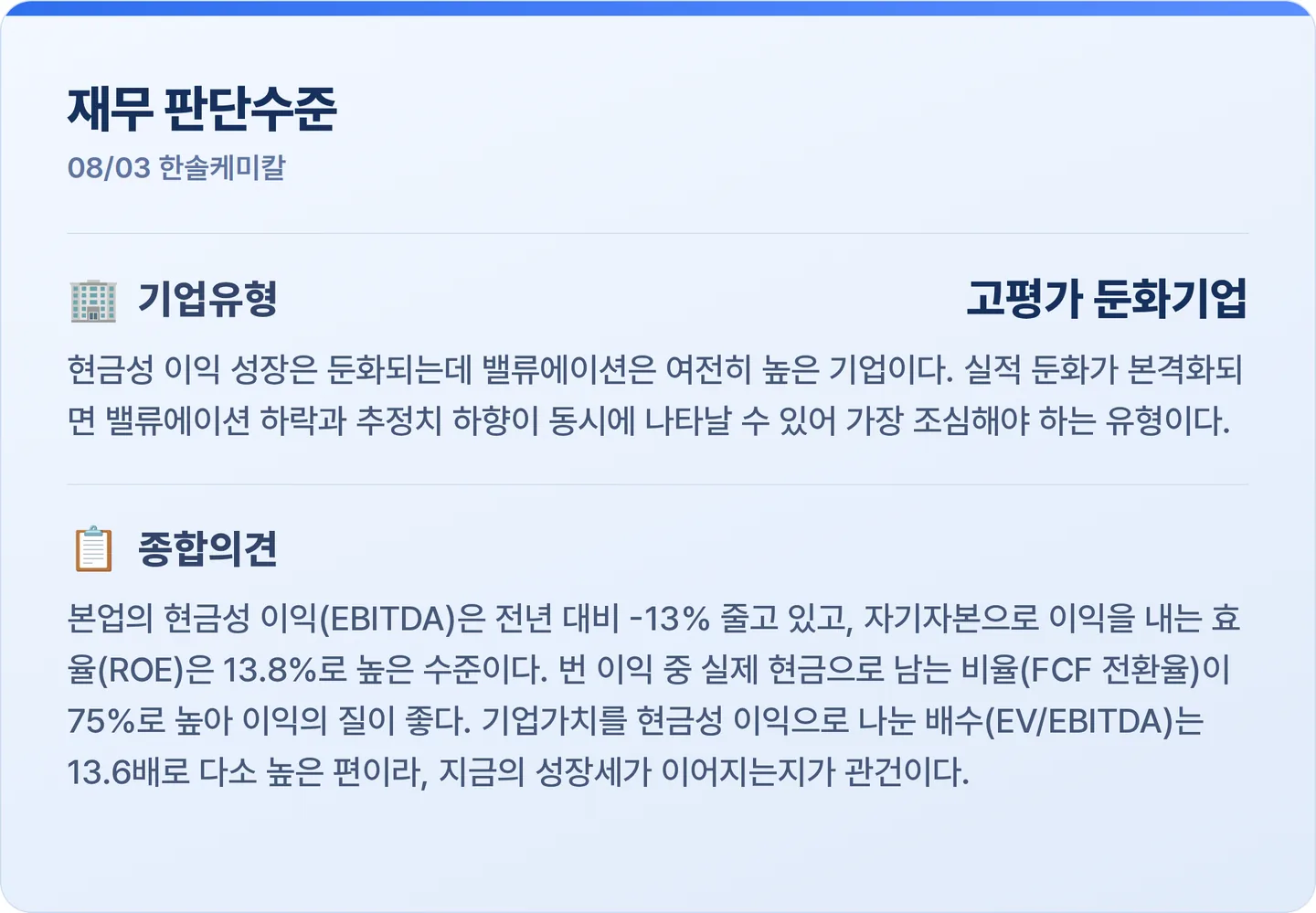 한솔케미칼 재무 판단수준 카드