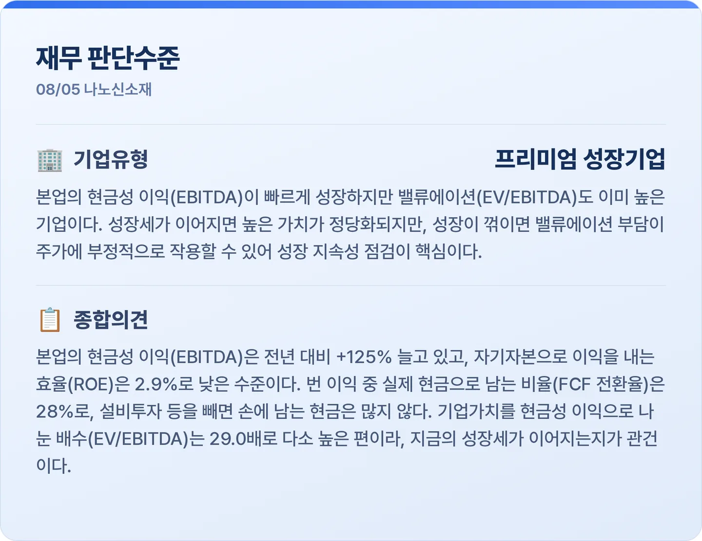 나노신소재 재무 판단수준 카드